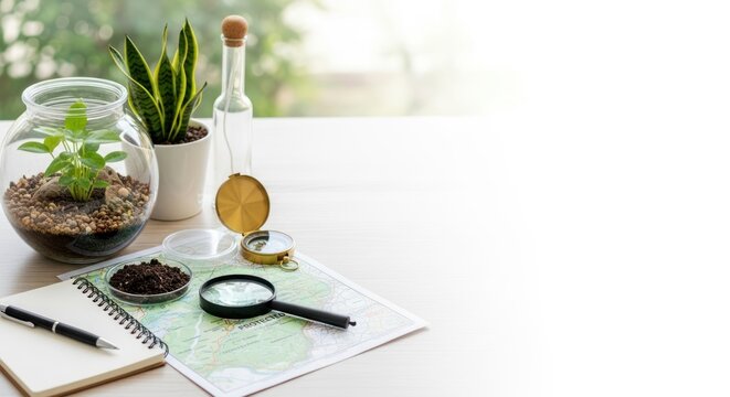 Terrarium and Scientific Tools on a Desk.