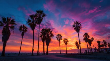 A vibrant sunset casts a warm glow over palm trees in Santa Monica, California. Silhouettes stand against a stunning sky filled with colorful clouds, creating a serene beach atmosphere.