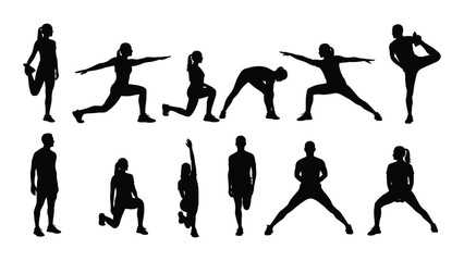Dynamic silhouettes of people performing various yoga and fitness poses for health and wellness silhouette