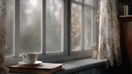 cup of coffee on the window of retro kitchen interior, dull autumn day, natural light