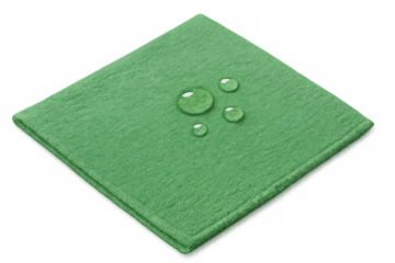 Green hydrophobic microfiber cloth repelling water droplets, demonstrating waterproof nanotechnology on transparent background