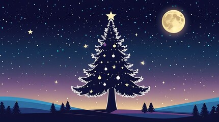 Naklejka premium A whimsical christmas tree silhouette adorned with ornaments and stars under the beautiful starry night sky with a full moon