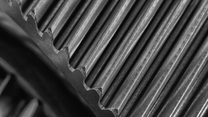 Close-up of gear with many details. gear silver with many diagonal teeth, against an industrial concept background.cogs.