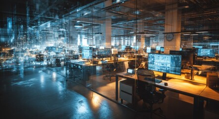 A modern high-tech office interior at night, featuring sleek desks and computers displaying vibrant data. The cool tones create a dynamic, busy atmosphere in a professional setting.