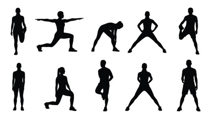 Diverse group of people silhouettes performing various exercise poses fitness active lifestyle silhouette