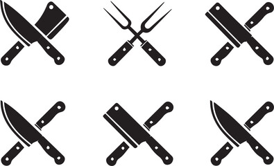 crossed kitchen utensils silhouettes six black vector icons chef knife cleaver meat fork for culinary logo signage branding