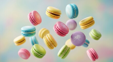 Obraz premium Colorful Macarons Assortment Floating Against a Soft Pastel Background.
