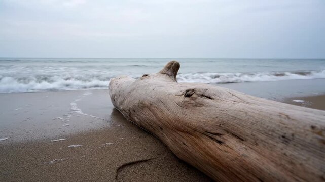 Steady tracking shot alongside a piece of weathered driftwood being gently pushed and pulled by the rhythmic action of an incoming tide on a desolate beach water, wet, weathered driftwood