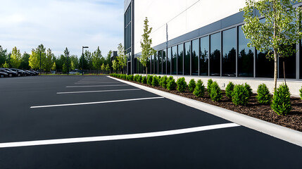 A commercial building has a newly paved parking lot with white parking lines. Next to the building are green bushes and young trees, providing a clean and professional look.