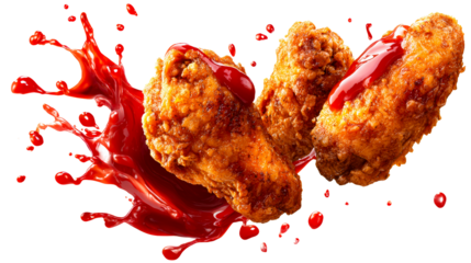 Crispy fried chicken wings with red sauce splash, cut out transparent