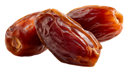 Three ripe Medjool dates against a pure white background, cut out transparent