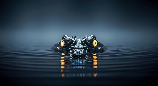 "Silent Predator of the Deep: A Crocodile’s Gaze Emerging from the Shadows — Golden Eyes Piercing Through Still Waters Under the Moonlit Mist, Symbol of Stealth and Power"