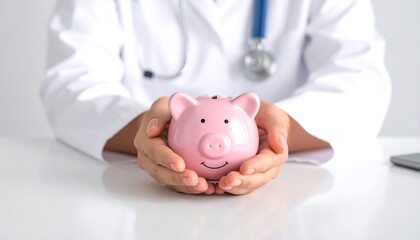 A doctor carefully cradles a pink piggy bank, illustrating the concept of nurturing financial security and saving for rising healthcare costs and medical treatments