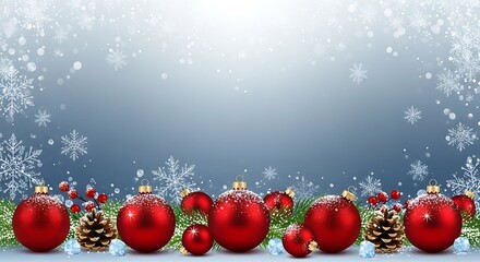 Red Christmas Ornaments Pine Cones Snowflakes Blue Background