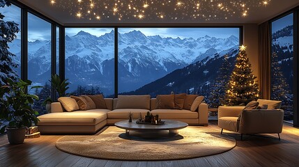 Fototapeta premium Modern interior design with panoramic snowy mountain view high resolution image