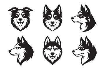 Fototapeta premium bold black white dog head illustrations border collie husky vector logo icon set clean graphic