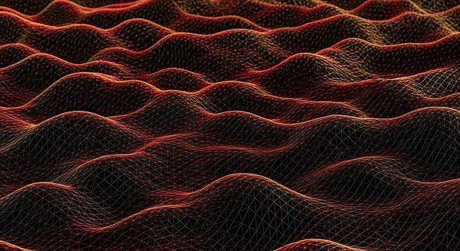 Red and orange wireframe landscape with glowing lines - Powered by Adobe