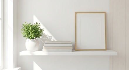 White shelf with green plant and gold framed picture