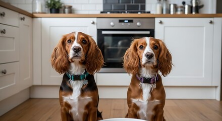 Two spaniel dogs sit in a kitchen waiting for food