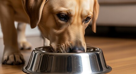 Yellow Labrador dog eating from a metal bowl on a wooden floor