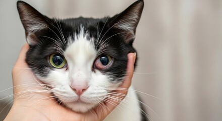 Close-up of a black and white cat with a swollen red eye being held by a person.