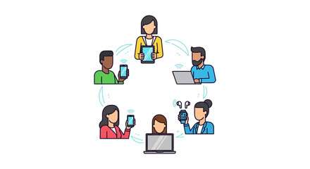 connected devices network diverse people syncing mobile tech for global collaboration in remote work illustrating digital connectivity solutions