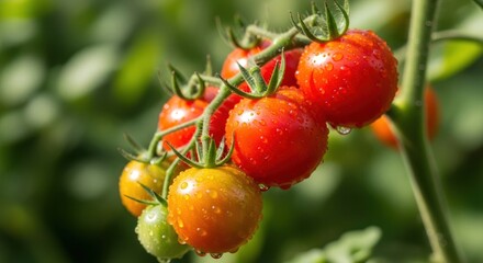 Close-up of ripe red and unripe green tomatoes growing on a vine in a garden.