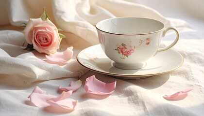 Broken Teacup Beside Scattered Rose Petals on Linen: Fragile Beauty and Delicate Emotional Grace