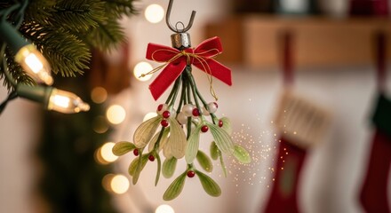 Traditional Christmas Mistletoe Decoration with Festive Lights and Stockings.