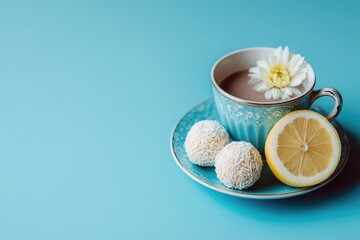 Elegant cup with chocolate drink and flower, served with sweets and lemon.