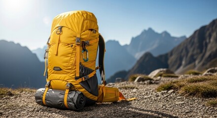 Yellow Backpack Ready for Adventure in Majestic Mountain Landscape.