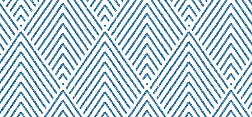 Crayon geometric seamless pattern with triangle shapes. Abstract background with blue lines with chalk texture. Simple geometric ornament with crayon triangles, vector illustration