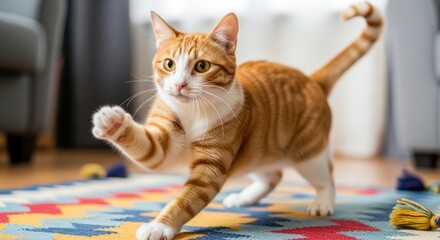 Playful Orange Tabby Cat Reaching Out with Paw on Colorful Rug.