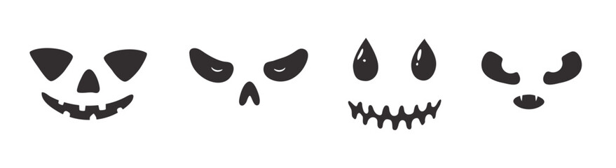 Halloween faces carved in pumpkin. Icons of Jack-o-lantern, monster or ghost faces silhouettes. Spooky character eyes and mouth, vector illustration