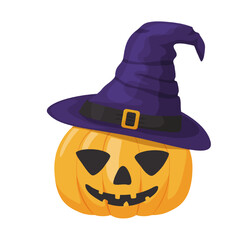 Cute pumpkin in witch hat for Halloween decor. Jack-o-lantern isolated on white background. Orange pumpkin with carved face and purple hat, vector illustration