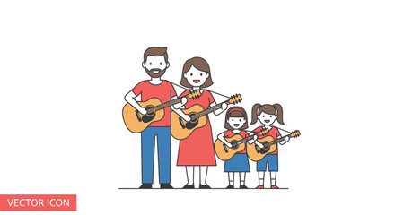 A happy cartoon family of four playing acoustic guitars together.