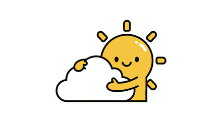 Cheerful Cartoon Sun Hugging a Fluffy White Cloud.