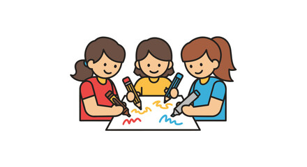 Three Happy Cartoon Girls Drawing and Coloring Together.