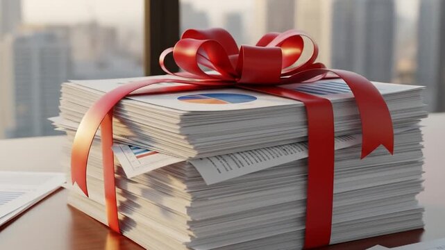 A stack of documents tied with a red ribbon, resembling a gift