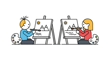 Two children happily painting landscapes on easels with paint palettes.