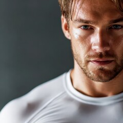 Fototapeta premium Focused young man wearing white workout shirt prepares for intense training session