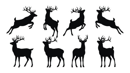 Set of black silhouette deer antlers wild animals in various poses for design silhouette