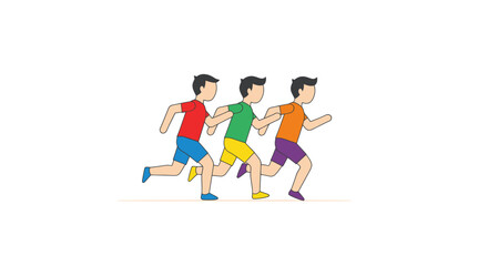 Three cartoon boys running a race in colorful athletic wear.