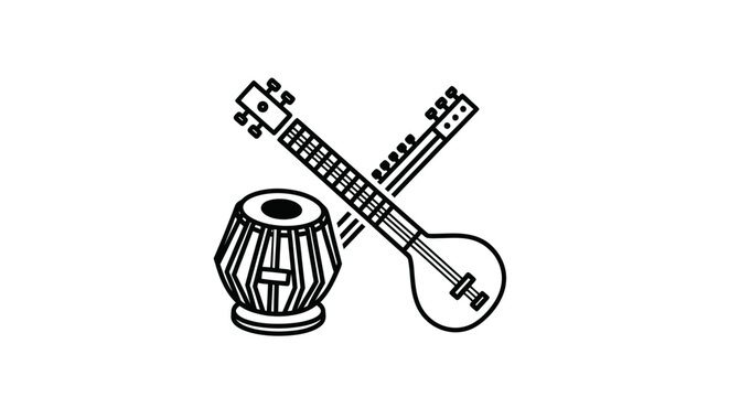 Black and white line art icon of Indian classical music instruments a tabla drum and crossed sitars.