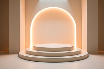 Minimalist Arch Stage with Glowing Light and Tiered Pedestal podium display