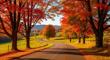 A scenic countryside road lined with tall maple trees in vibrant red and orange hues, with golden leaves scattered along the path