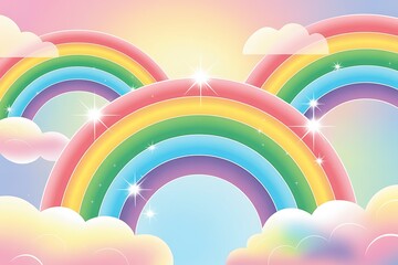 Multiple Vibrant Rainbows with Sparkling Clouds Against Bright Sky stock 