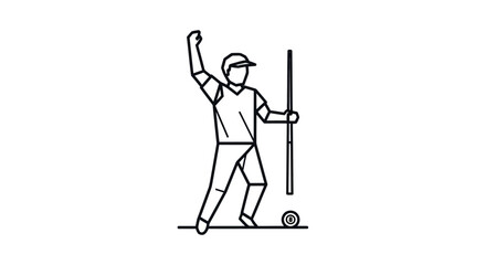Line art illustration of a male billiard player celebrating a successful shot with cue stick and ball.