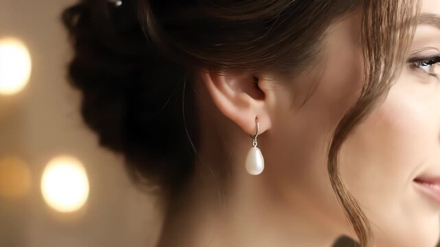 A detailed profile shot of a bride's ear featuring a lustrous pearl drop earring, with a blurred background of warm, bokeh lights enhancing the elegant mood.
