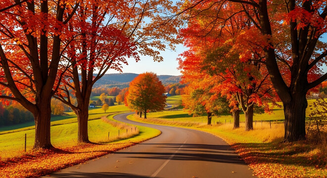 A scenic countryside road lined with tall maple trees in vibrant red and orange hues, with golden leaves scattered along the path
